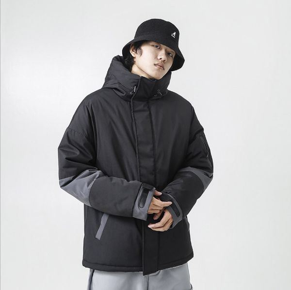 

new winter hooded cotton pad warm thick cotton jacket male bread clothing stitching warm jacket trend men's cotton coat, Black