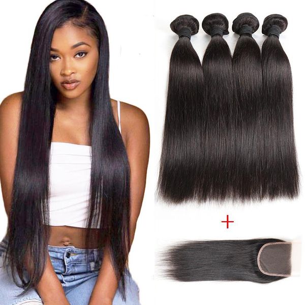 2020 10a Mongolian Straight Human Hair 4 Bundles With Closure