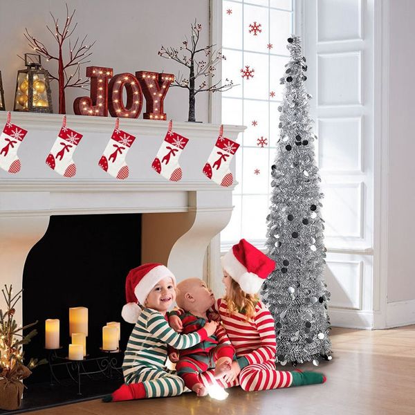 

5ft christmas tinsel tree with stand, gorgeous collapsible artificial christmas tree for decorations, silver