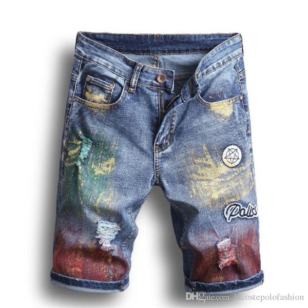 

mens designer embroidery jeans shorts fashion holes slim pencil pants homme spray paint zipper fly trousers, Blue