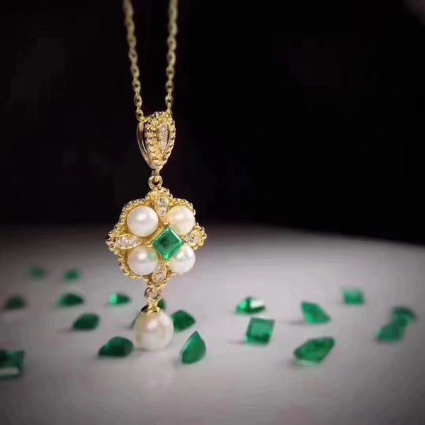 

natural green emerald gem pendant s925 silver natural gemstone pendant necklace trendy flower pearl women party jewelry