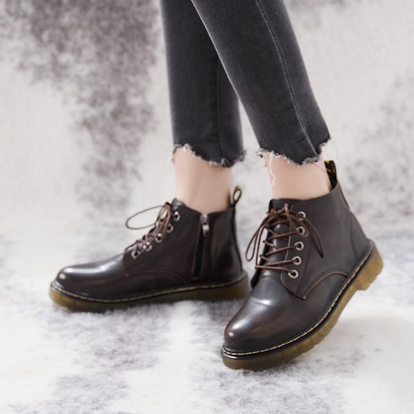 

cootelili shoes women rubber ankle boots for women black basic fashion lace up boots leather female shoes flats