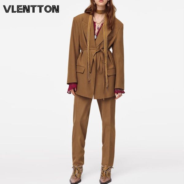 

women's suits & blazers 2021 spring autumn vintage with belt two piece set women office blazer jacket coat+zipper pants suit loose trou, White;black