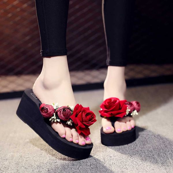 

2019 summer women slippers hand made floral wedges high heel flip flops slippers outside casual ladies beach shoes, Black