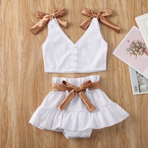 

neck bow strap set 2020 children summer toddler kids baby girls sling vest shorts dress outfit clothes set, White