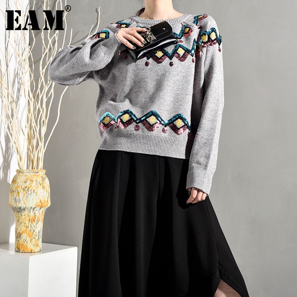 

eam] 2019 new autumn winter round neck long sleeve gray sequins split joint loose big size knitting sweater women fashion jh984, White;black