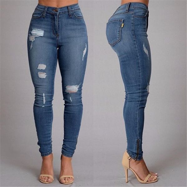 

wholesale-2019 fashion women new fashion summer faded ripped denim jeans hole jeans black high waist pencil, Blue