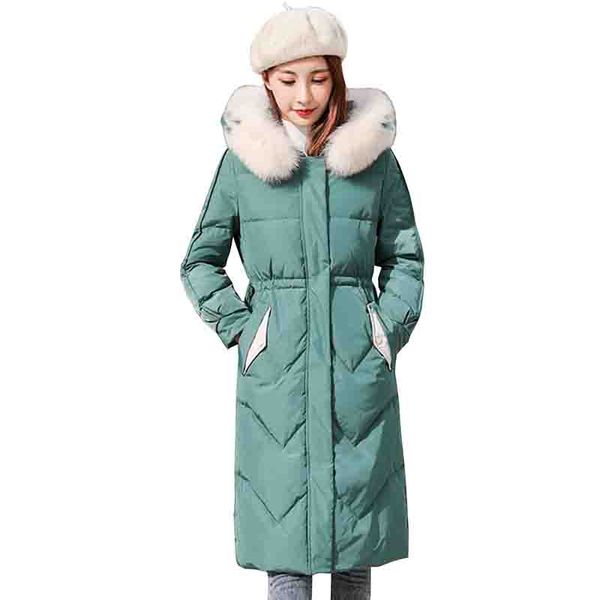 

long winter coat women 2019 new thick warm white duck down jacket slim fur collar hooded puffer jacket windproof down coat, Black