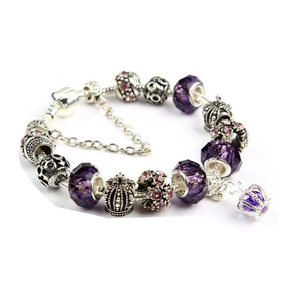 Bracciale con ciondolo da 20 cm Bracciali in argento 925 per donna Bracciale con corona reale Perline di cristallo viola Gioielli fai da te