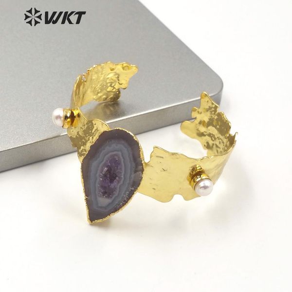 

wt-b514 wkt natural stone bangle druzy geode stone bangle gold electroplated bracelet adjustable women fashion bracelet jewelry, Black