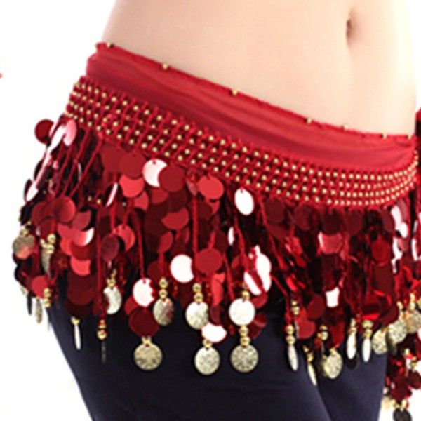 

*new fashion multi color chiffon belly dance skirt hip wrap scarf coin sequin waistband skirt coins bellydance costume belt h, Black;red