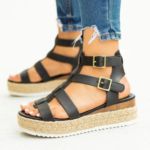 

2020 women's sandals platform wedges sandals casual shoes ankle buckle strap open toe summer soft beach shoes plus size 35-43, Black
