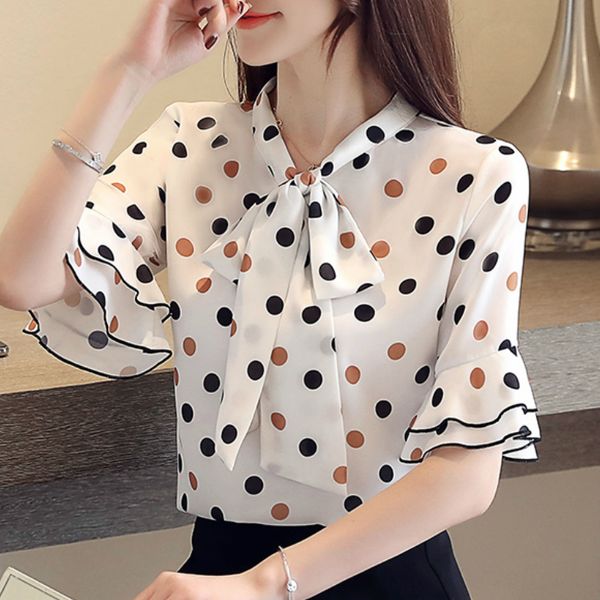 

women's summer blouses blusas mujer de moda 2019 short sleeve dot chiffon blouse women ladies womens and blouses b368, White