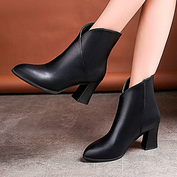 

youyedian women boots 2019 leather high heel boots pointed toe women winter shoes casual slip on botas mujer, Black