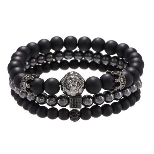 

2pcs/set natural stone man bracelets popular pave cz small crown and ball bracelet classic matte black jewelry