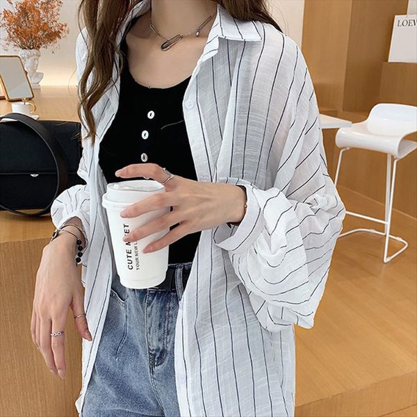 

medium-length striped women's loose lazy wind sunscreen thin coat shirt coat shirt fashionable, White