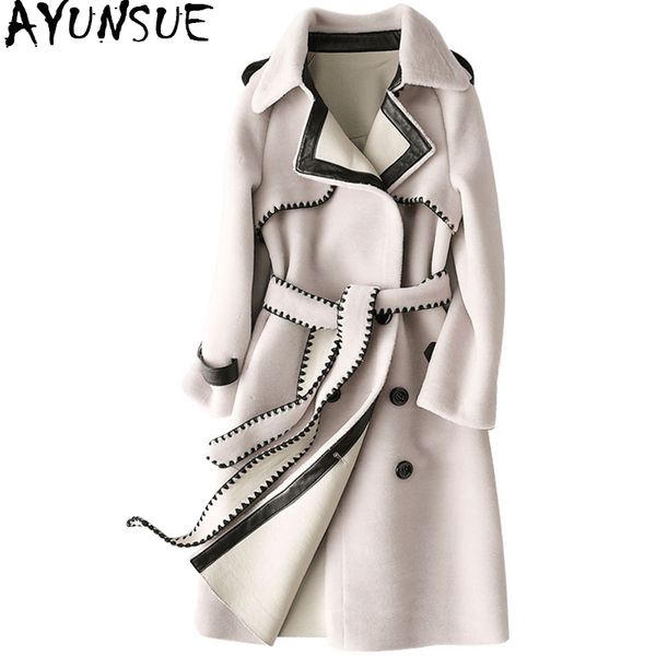 

ayunsue 2019 winter women's fur coat natural sheep shearling coat long warm real wool jacket for women outerwear pu lining 17780, Black