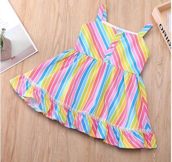 

girl colorful strip sleeveless dress baby summer square collar skirt kids lotus edge dresses one piece zht 228, Red;yellow