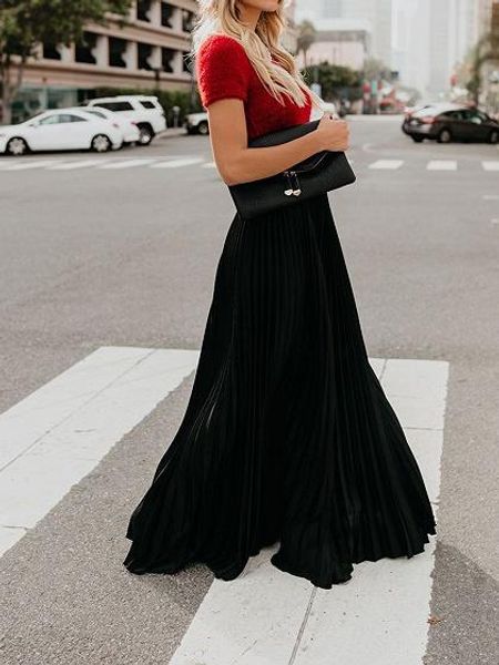 

solid fashion women's summer high waist maxi skirts pleated long casual loose swing skirt, Black