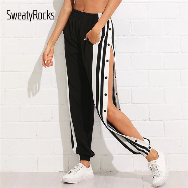 

sweatyrocks snap button striped side pants streetwear women tapered pants 2019 fashion spring style black and trousers, Black;white