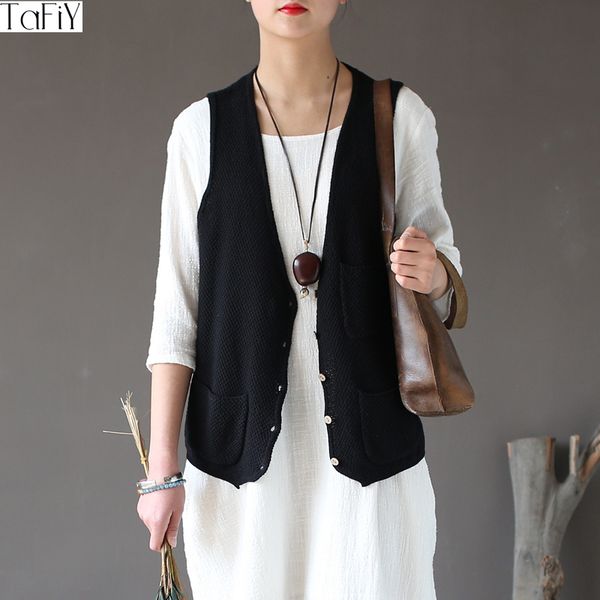 

women's vests tafiy colete feminino 2021 winter women vest vintage single breasted v-neck knitted casual all-match cotton solid for, Black;white