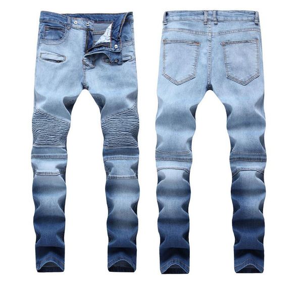 

мужчины плиссе stretch light blue jeans slim fit дизайнер градация straight облицованы байкер мотоцикл джинсовые брюки streetwear