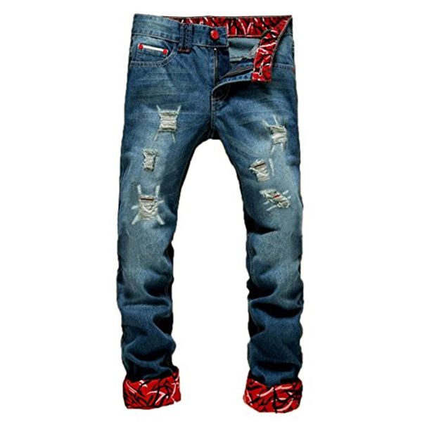 

prettychic мужские рваные джинсы повседневный омывается straight fit закатать проблемные джинсы, Blue