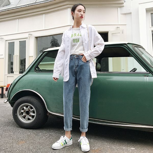 

2020 spring summer black ladies jeans denim casual loose vintage mom jeans high waist pocket washed plus size jean femme, Blue