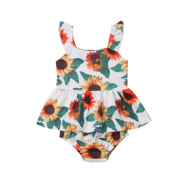 

2019 Infant Kid Baby Girls Sunflower Ruffled Sleeveless Vest T-Shirt Halter Top Dress Shorts Bottoms 2Pcs Summer Outfit