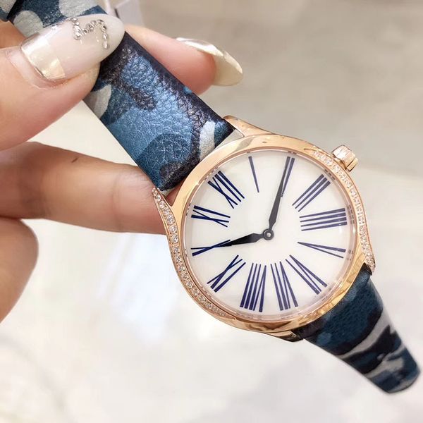 

new style deville quartz movement 36mm women watch diamond case white dial leather band montre homme, Slivery;brown