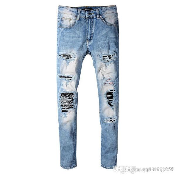 

2019 brand new fashion mens distressed ripped skinny straight denim jeans slim fit mens designer luxury jeans hip hop size 29-42, Blue