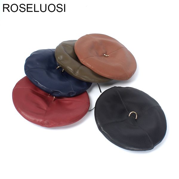 

roseluosi autumn winter leather berets hat 2018 new fashion solid color pu leather beret hats with ring bonnet caps, Blue;gray