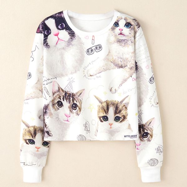 

women crop sweatshirt autumn long sleeve 3d cat print casual kawaii sweatshirt pullover tracksuit camiseta sudadera mujer, Black