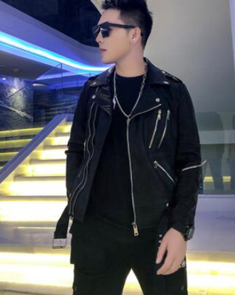 

m-3xl 2020 новый мужской одежды личности корейский больше молния мотоцикл pu кожаный пиджак плюс размер дамского певица костюмы, Black