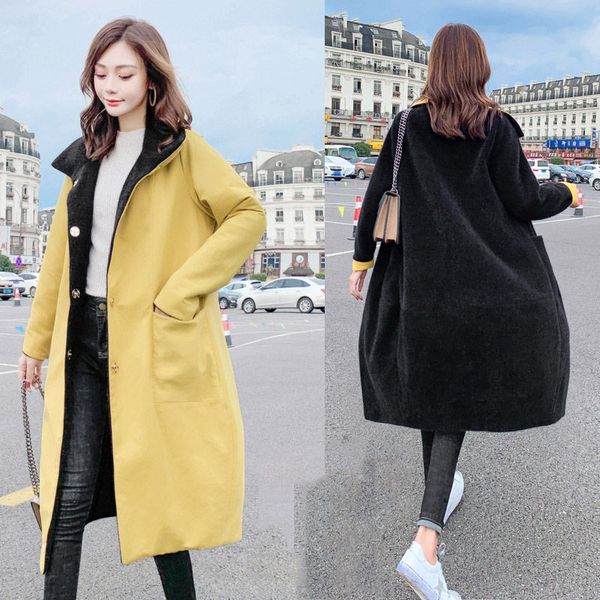 

fur reversible jacket woman woolen coat long section autumn and winter windbreaker thick double-side wearing cashmere coat f2068, Tan;black