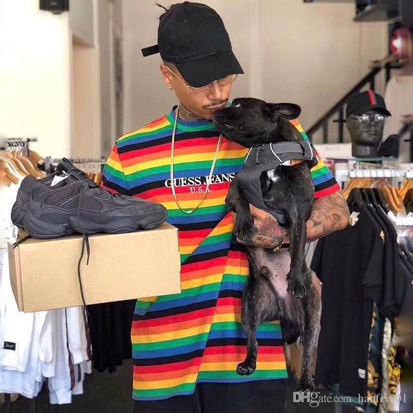 

fw18 sean красочная вышивка цель тур футболка a$ap asap rocky футболка в полоску футболка мужчины повседневная с короткими рукавами уличная, White;black