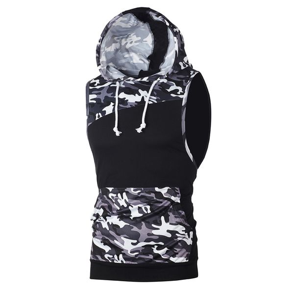 

men tank summer camouflage patchwork sleeveless sporty hooded vest bodybuilding stringer fitness men camiseta tirantes 2019, White;black