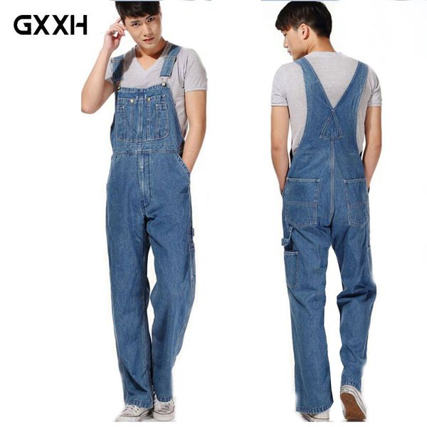 

gxxh 2018 men's plus size overalls large size huge denim bib pants fashion pocket jumpsuits male brand, Blue