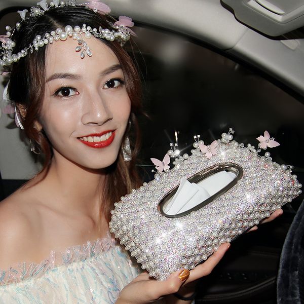 

fashion lady pearl bling diamond rhinestone car tissue box cover case