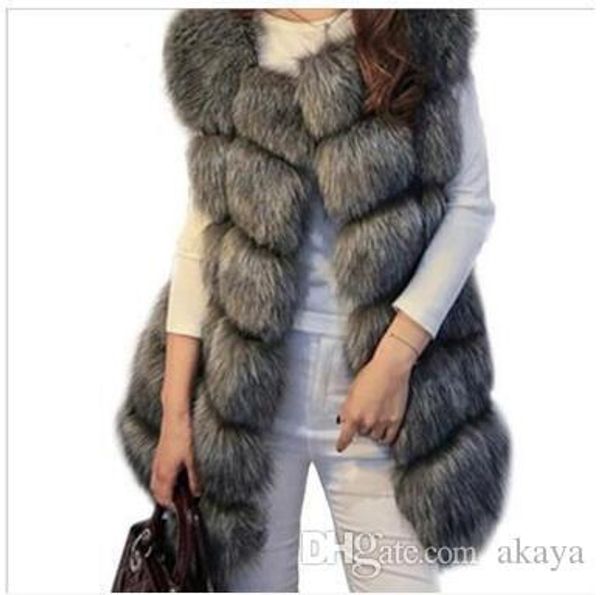 Moda-inverno casaco feminino colete de pele com bolso casaco de pele sintética de alta qualidade lazer colete longo de pele de raposa tamanho grande: S-XXXXL