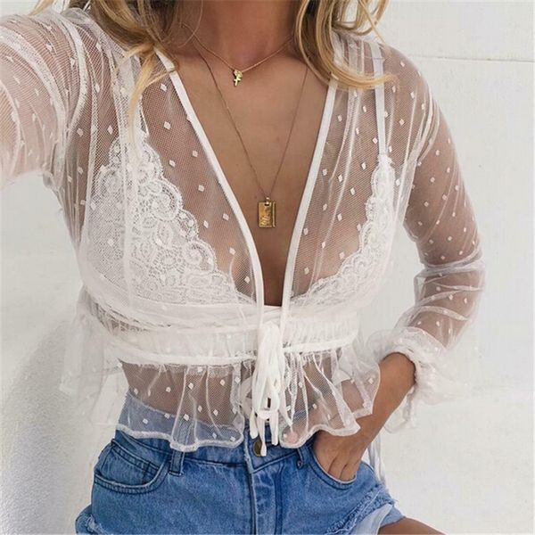 

summer women blouse crop lace blouse ladies clothes womens and blouses polka dot print casual shirt, White