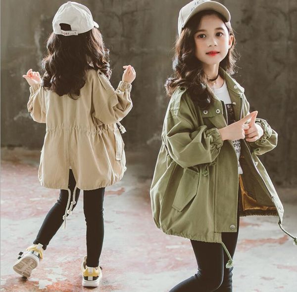 

Autumn Korean Style Baby Girls Long Sleeve Trench Coats 8 Years Solid Color Loose Casual Lashing Coat Children Jackets, Army green