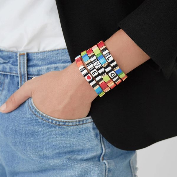 

letter love bohemia style handmade enamel rainbow tile bracelet colorful painted metal, Golden;silver