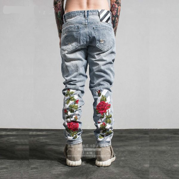 

embroidery jeans hole metrosexual straight destroyed jeans brand casual slim ripped roses print men's trousers denim, Blue