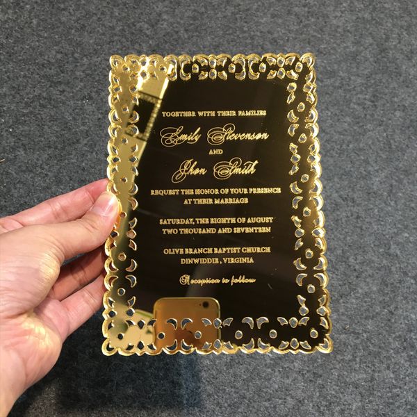 

20 pieces per lot hollow out style golden mirror acrylic invitation cards laser engraved letters ship to usa only