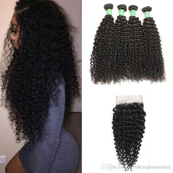 

malaysian kinky curly human hair 4bundles with lace closure 8a malaysian virgin hair bundles wefts kinky curly hair weaves with 4x4 closure, Black