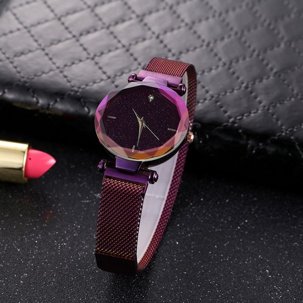 

women quartz watch models starry sky fashion ladies wrist watches waterproof purple stainless steel mesh band magnet clock gifts, Slivery;brown