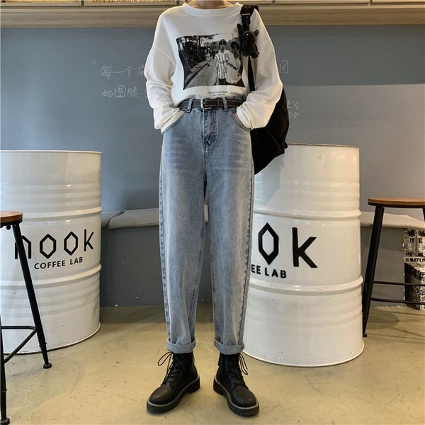 

large size high waist blue light washed slender straight 2020 vintage all match casual streetwear chic trousers