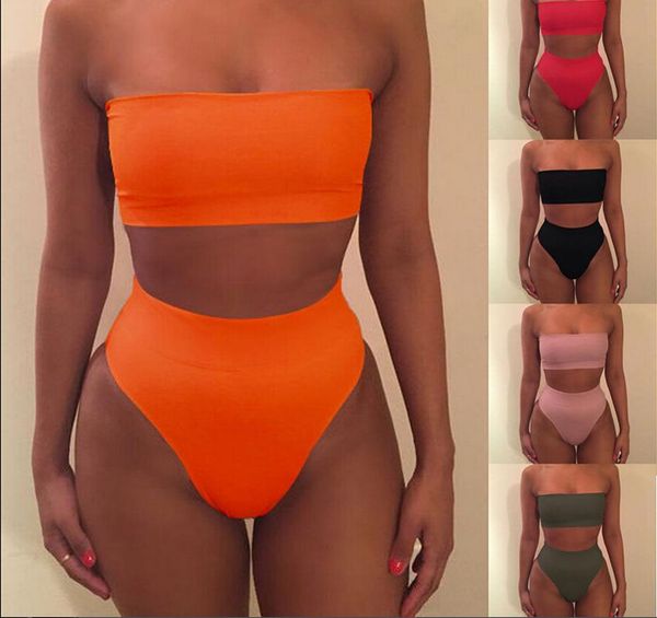 

2020 new bikini strapless swimwear women solid 6 color swimsuit $4.39 per piece new item off shoulder bathing suit