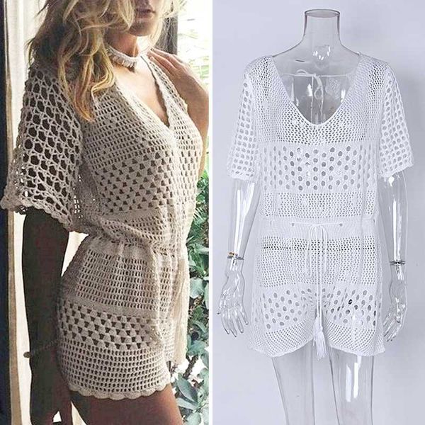 

women bikini swimsuit swimwear v neck backless knitted pullover blouse beach cover up jumpsuit bikini swimwear, White;black